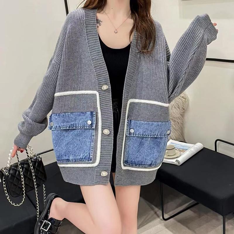 Lazy Wind Sweater Female Cowboy Pocket Splicing Loose Casual Fall Knitted Cardigan Jacket Female Comfortable Versatile and Fashionable