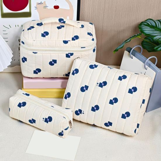 1/3Pcs Large Cotton Quilted Makeup Cosmetic Bag Portable Travel Floral Toiletry Organizer Spacious Capacity Beauty Supplies Case