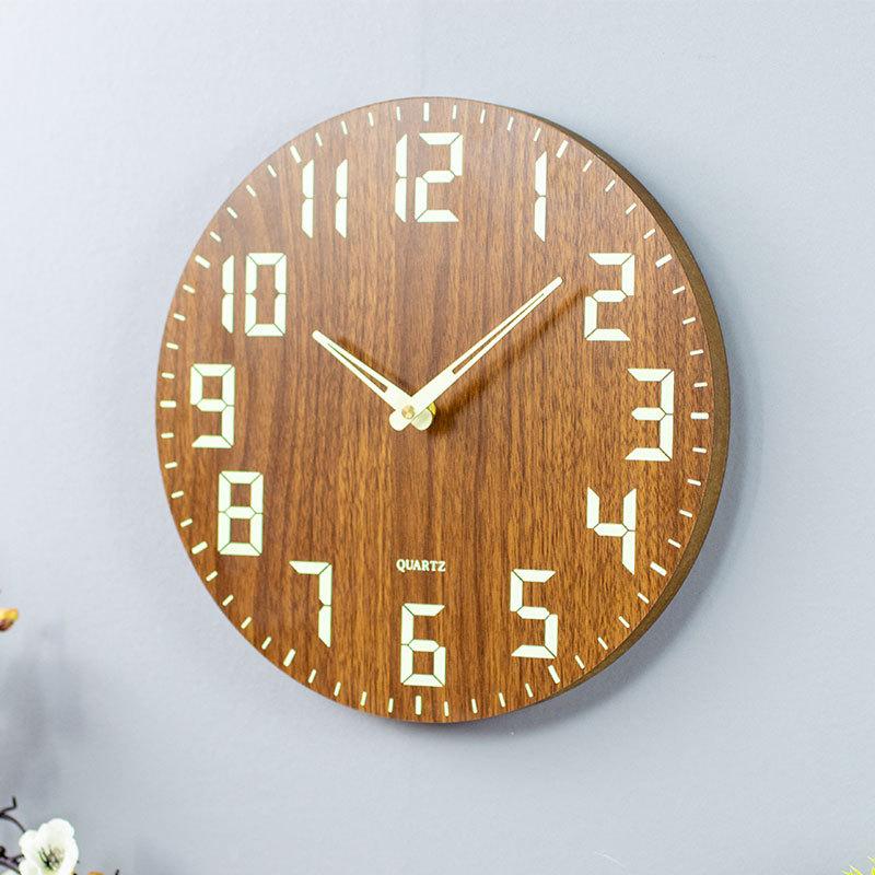 Luminous wooden wall clock, silent  wood grain, creative and light luxury style, living room simple quartz clock, 30cm