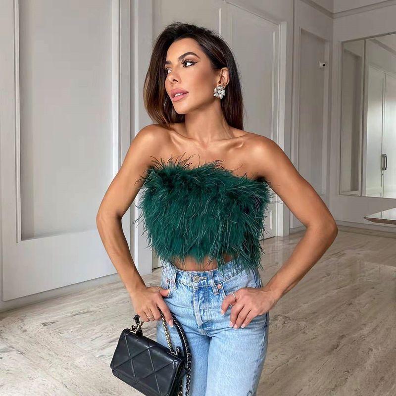 

Spring and Summer Sexy Backless Slim Fit Zipper Furry Tube Top Dark green XL
