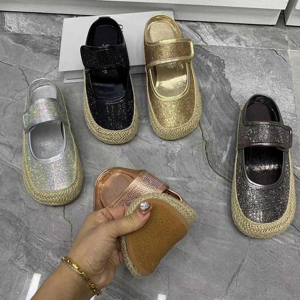 Pantoufles à strass scintillants pour femmes, chaussures d'été décontractées, sandales plates, chaussures de marque à la mode