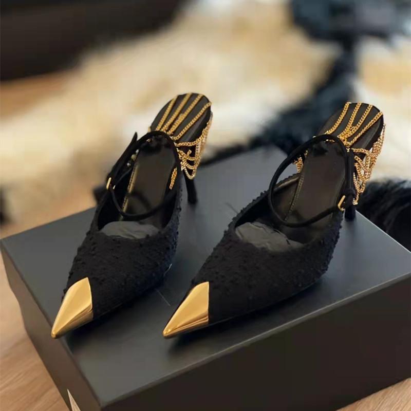 Fashion Star style Fashion Metal Chains Women Pumps Elegant Pointed toe Ankle Strap High heels Spring Summer Female Party Dress Shoes