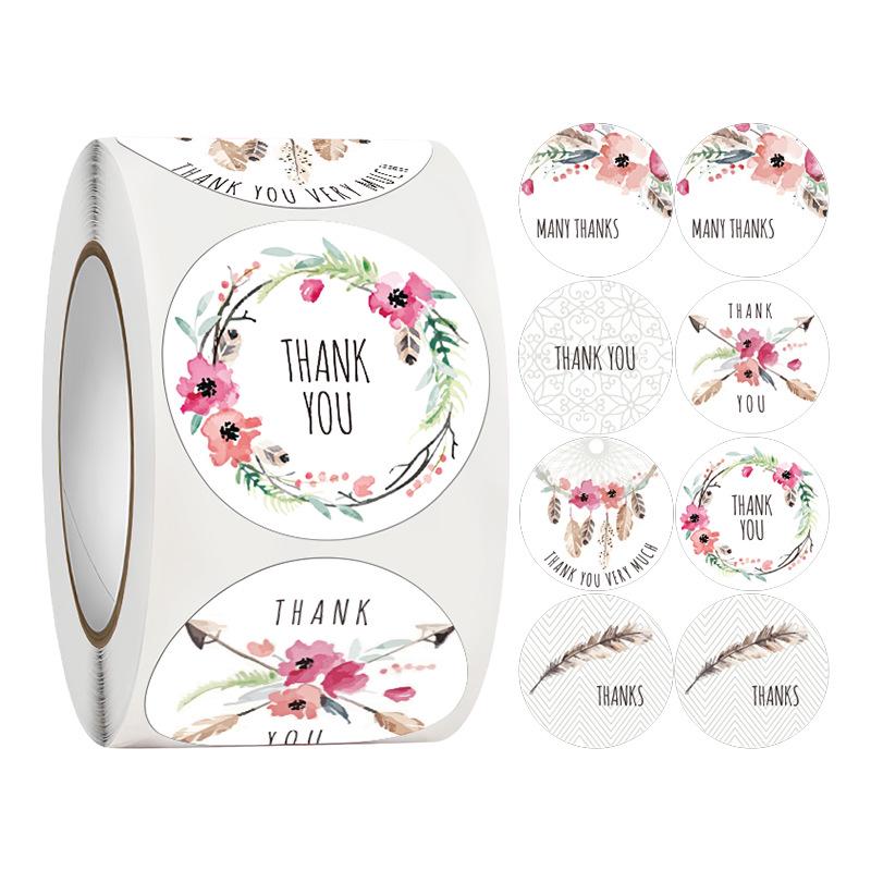 500-Roll 3.8cm Floral Thank You Stickers: Round Adhesive Labels for Gift Wrapping & Sealing