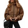 Womens Fall Winter Color Block Fleece Zip Up Warm Plush Jacket Casual Loose Fit