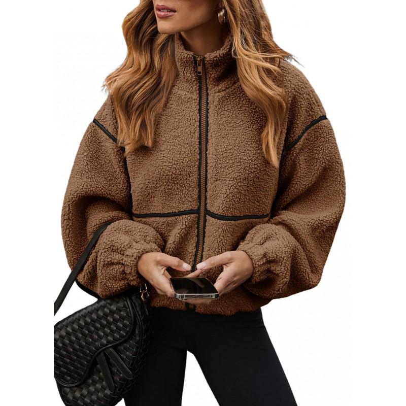 Womens Fall Winter Color Block Fleece Zip Up Warm Plush Jacket Casual Loose Fit