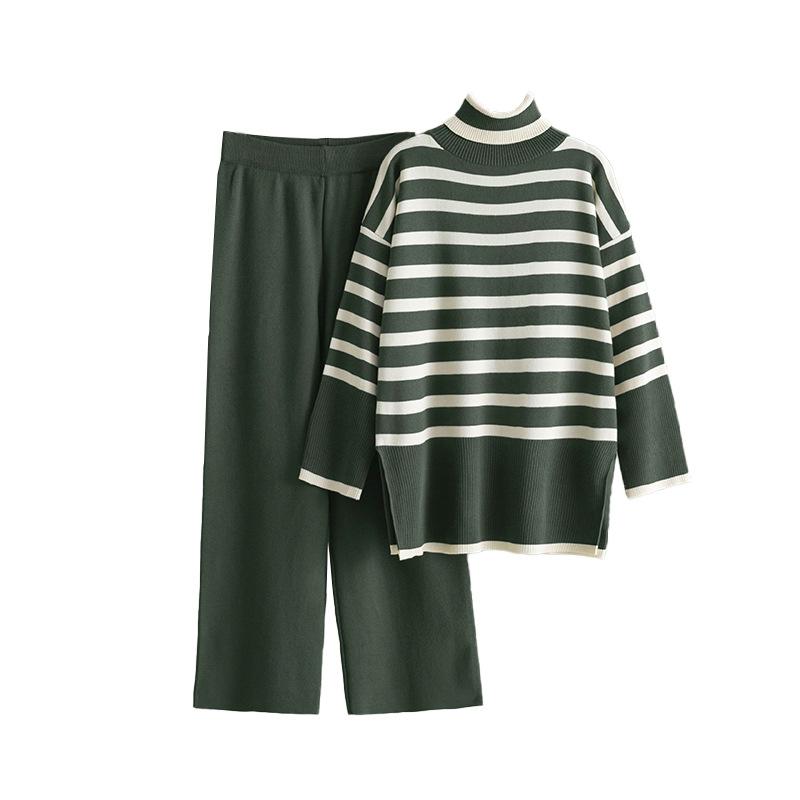 Fall Winter Lazy Wind Loose High Collar Pullover Sweater Suit Women's Stripe Long Sleeve Knit Wide Leg Pants Two Piece Set