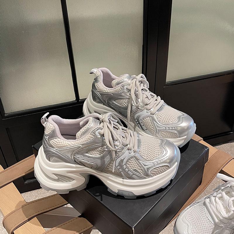 [sheii Su Yinyin] Paris Old Magazine~ Horse Skin Silver and White Heightening Platform Sports and Leisure Shoes Female Dad Shoes