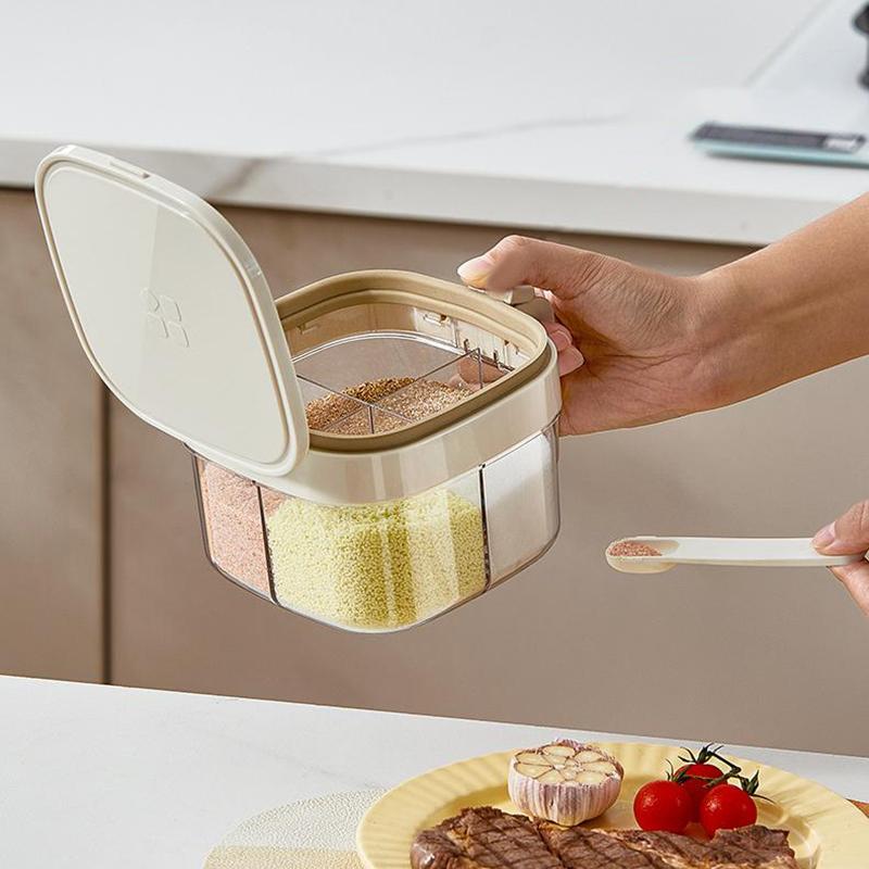 Seasoning Box With Lid And Spoon, 4 Compartment Spice Pots With Handle, Home Kitchen Condiment Jars For Sugar Salt Pepper