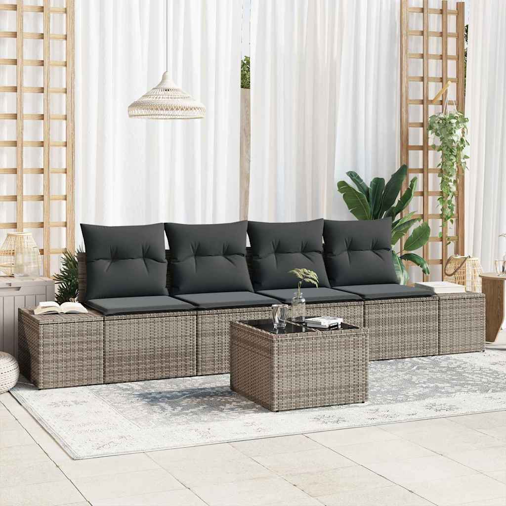 5 Piece Grey Poly Rattan Sofa Set with Cushions