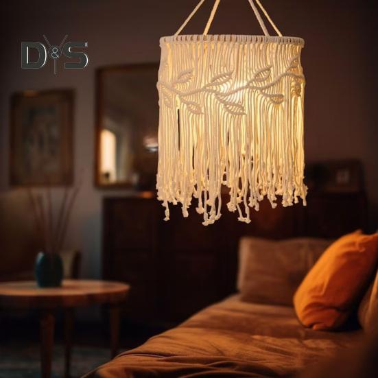 Boho-Lampenschirm, geflochten, handgefertigt, Makramee, Bohemian-Lampenschirm, Baumwollseil, Hängelampenschirm für Schlafzimmer, Wohnzimmer, Dekoration