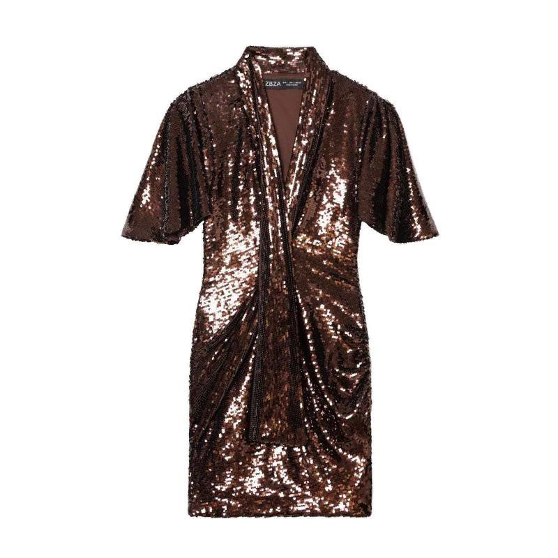 Caramel Brown Sequin Pleated Short Dress - 2025 Trendy Women s Fashion Medium