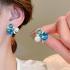 Silver needle flower oil drip diamond stud earrings summer small fresh blue earrings fashionable versatile high sense earrings women