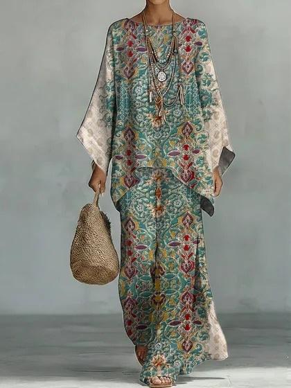 16 European and American women's clothing Y1 large size thin ethnic style dress set Bohemian casual large size jumpsuit