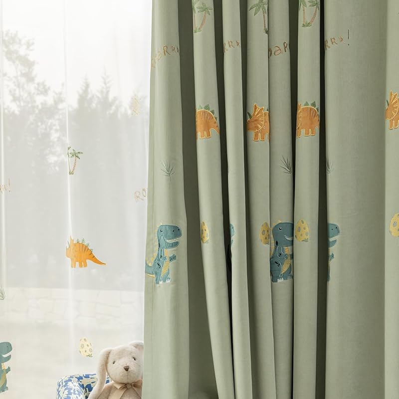 

Cartoon Dinosaur Sheer Kids Curtains Embroidery Voile Drapes Nursery Curtains for Children Boys Baby Bedroom Living Room Light Filtering Window 52 W x 63 L (Pack of 1) зелений