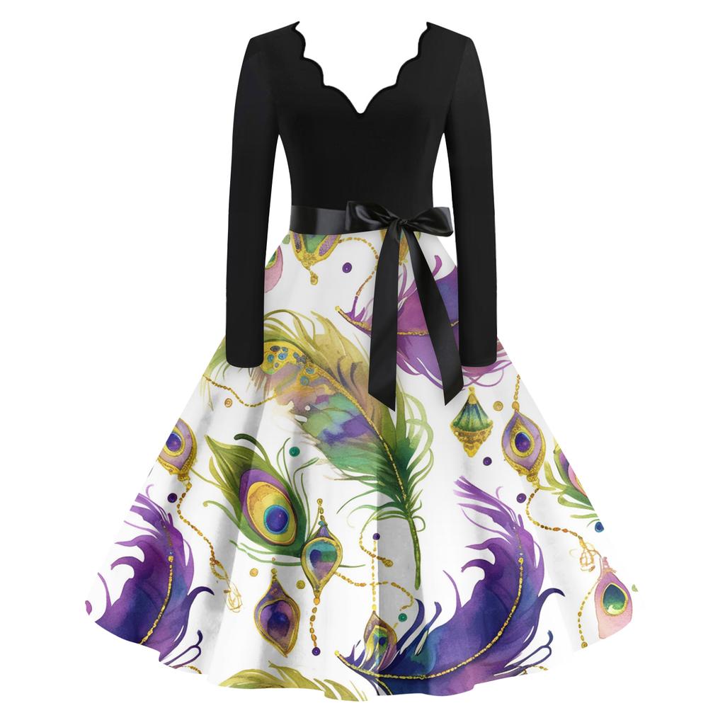 Women's Casual Fashion V Neck Long Sleeve Printed Vintage Long Dress