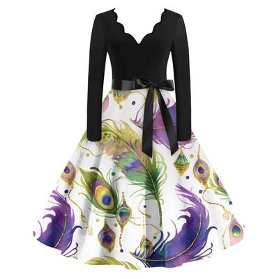 Women's Casual Fashion V Neck Long Sleeve Printed Vintage Long Dress