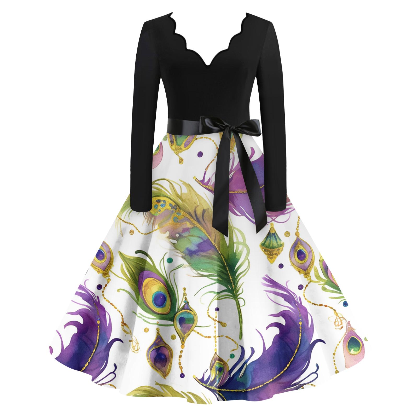 

Женское повседневное модное платье с V-образным вырезом и длинным рукавом с принтом в винтажном стиле XL