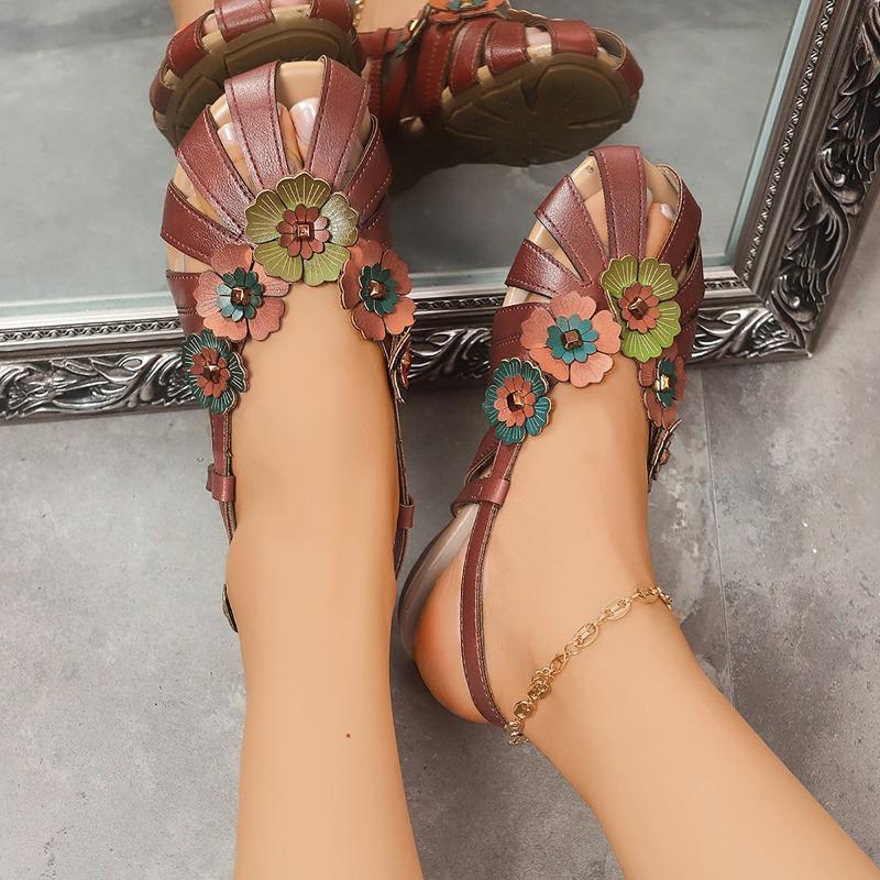Modne Letnie Nowe Sandały z Okrągłym Noskiem Damskie Niskie Obcasy Baotou Płytkie Wycięcie Kwiatowy Etniczny Styl Wygodne i Wszechstronne Płaskie Buty