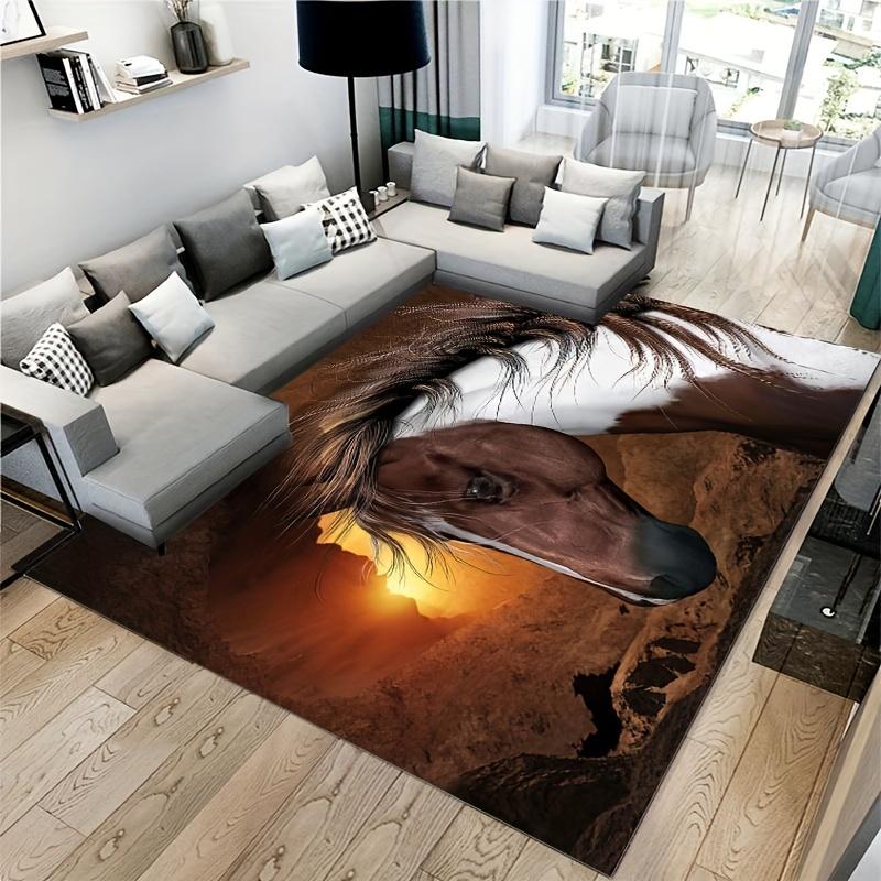 Majestic Horse 3D Tattoo Rug - Soft Non-Slip Polyester Mat for Living Room Kitchen Bathroom, Brown White Sunset Art Indoor Decor