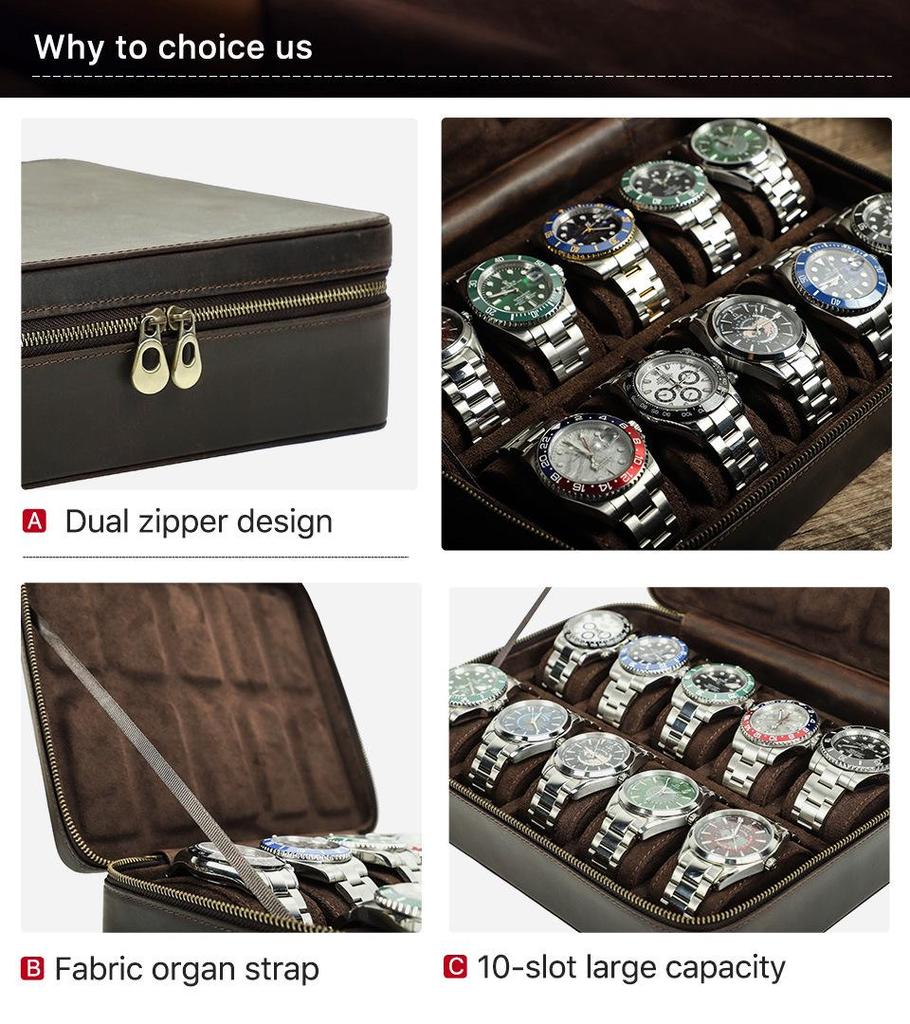 Retro Crazy Horse Cowhide Leather Watch Box - 10-Slot Handcrafted Storage for Wristwatches