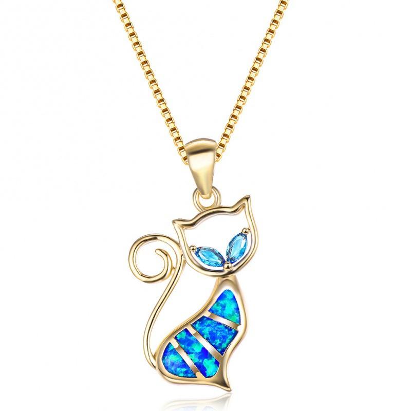 

European and American jewelry two aqua blue diamonds + blue Opal cat pendant necklace