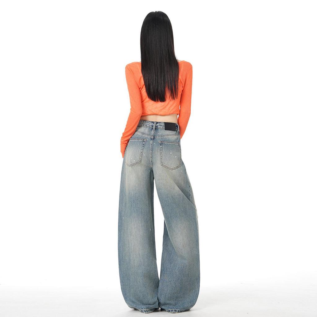 Spring Summer Vintage Cuffed Waist Relax Straight Wide Leg Denim Pants For Ladies Casual Pants Oversize Denim Trousers