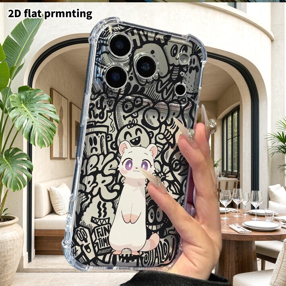 Phone Case: 2D Flat Suitable for iPhone 18 17 16 15 14 13 Pro, Transparent Four Corner Protective Case, White Ferret, Christmas and Halloween Gift