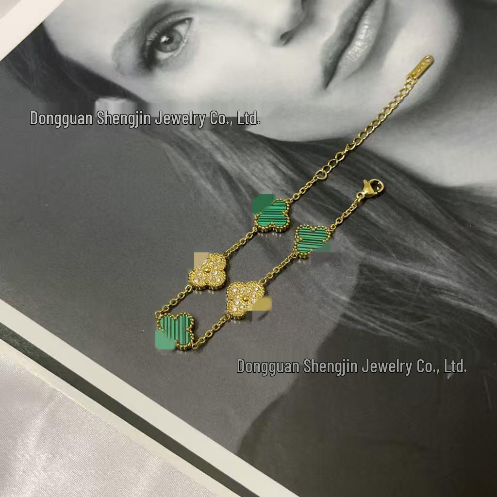 18k Gold 13mm Clover & Diamond Five-Flower Bracelet - Women's Simple, Versatile, Non-Fading Fashion Accessory