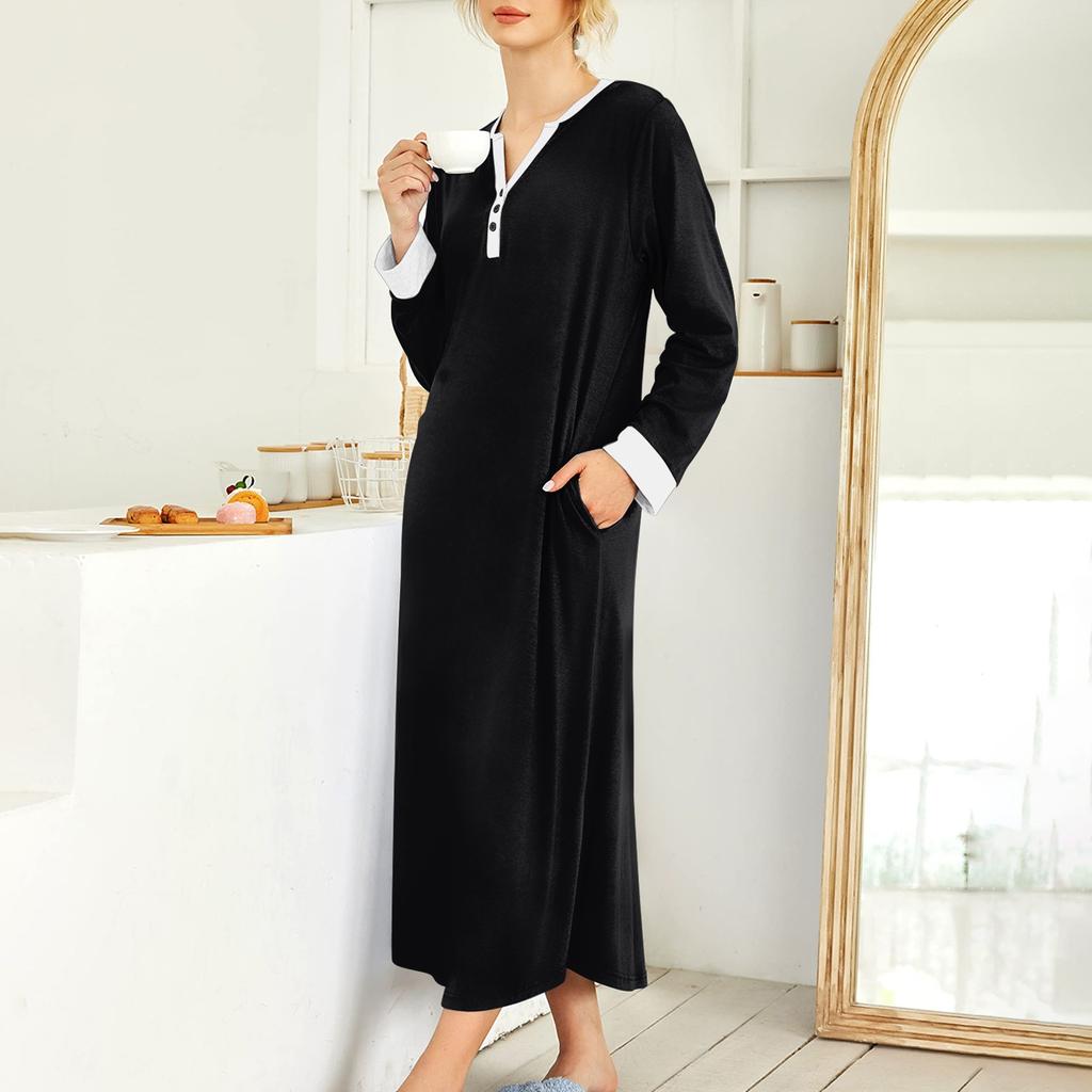 Women's Nightgown Long Housecoat V Neck Pajama Dress With Pockets