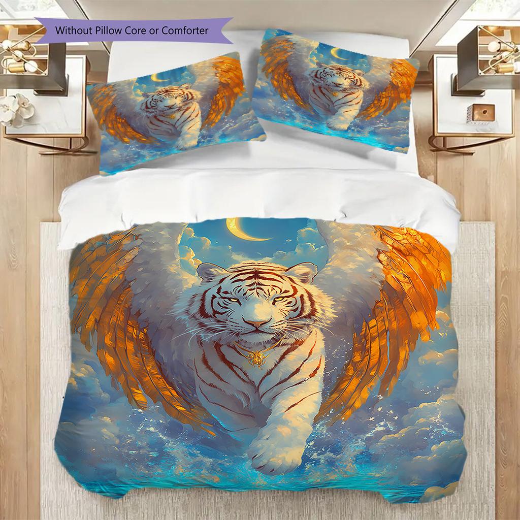 White Tiger Pattern Bedding Quilt Set Quilt Cover Pillowcase Home Decoration Birthday Gift (1 * Duvet Cover + 2 * Pillowcase, Without Core)