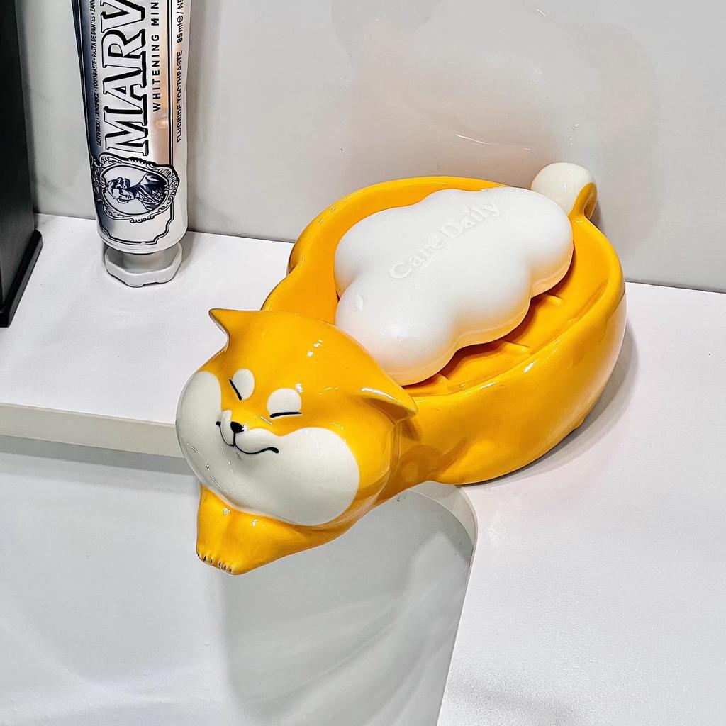 Cartoon Creative Ceramic Soap Box with Drainage and Suction Cup for Bathroom
