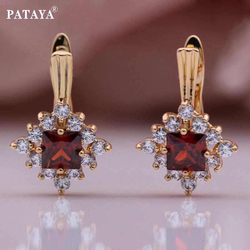 

PATAYA Гранат Красный Ромб Искусственный циркон Женщины Серьга Розовое золото Цвет Корейская леди Серьги