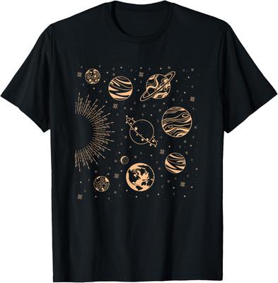 Celestial Planets Solar System Graphic T-Shirt Vintage Astrology Sun Print Unisex Casual Tee