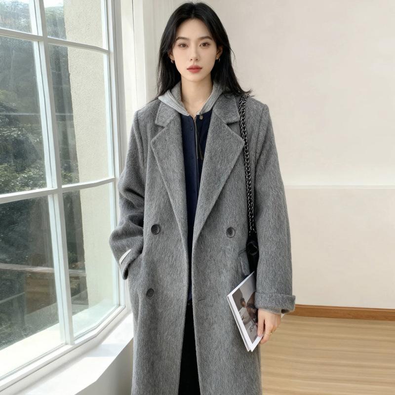 Front Shoulder Double-sided Wool Coat Women's Medium and Long, Autumn and Winter Black and Gray Woolen Coat