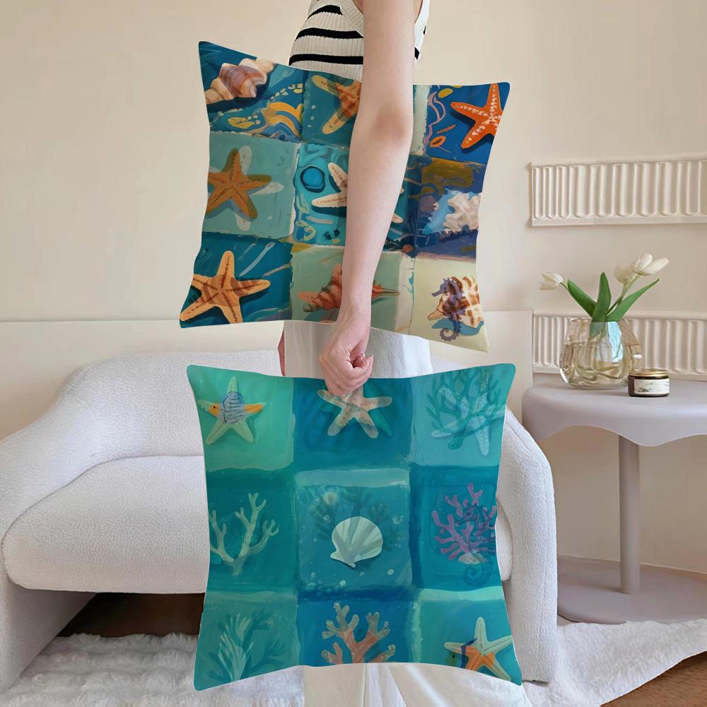 Marine Life Cushion Cover Anti-dustmite Pillowcase Invisible Zipper Silky Short Plush Sofa Cushion Cover