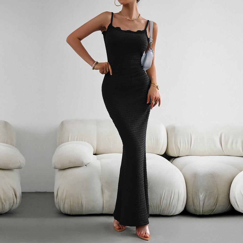 Damen Herbst Neckholder ärmellos einfarbig Sexy Fit Slim Strap Langes Kleid