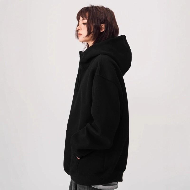 Oversized Hooded Half-Zip Sweatshirt Men Women Thick Fleece-Lined Casual Long Sleeve Pullover
