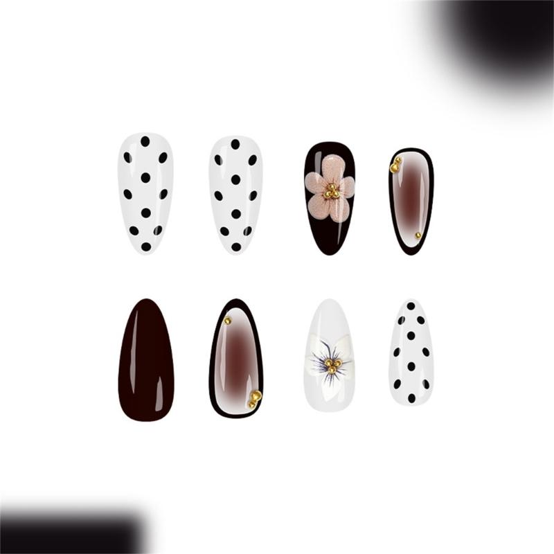 Pack of 24 Fake Nail Droplet Shape White Gradient Dot Flower Pattern Medium Length Glossy Press On Nail for Women