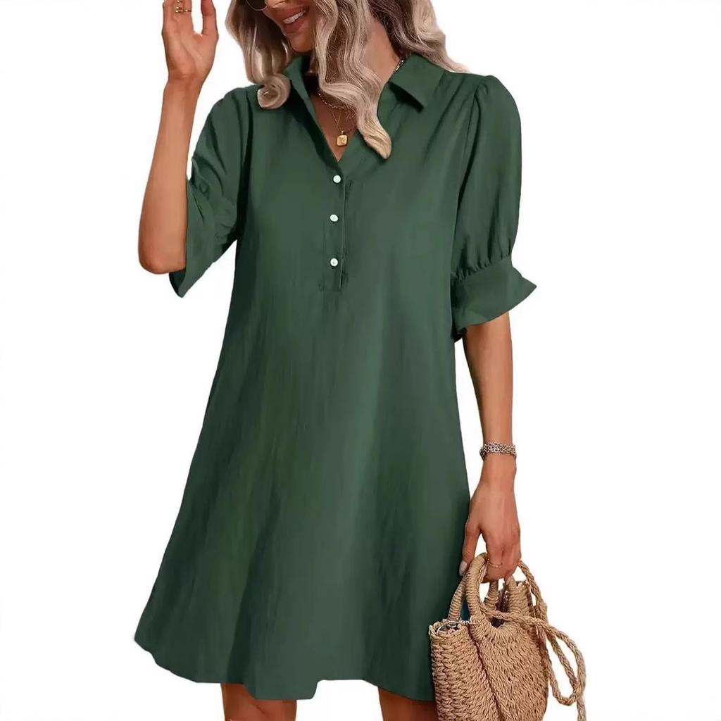 Women's Spring Autumn Casual Loose Solid Color Shirt Dress, Lapel Collar Short Sleeve Button Down A-Line Mini Daily Wear Dress