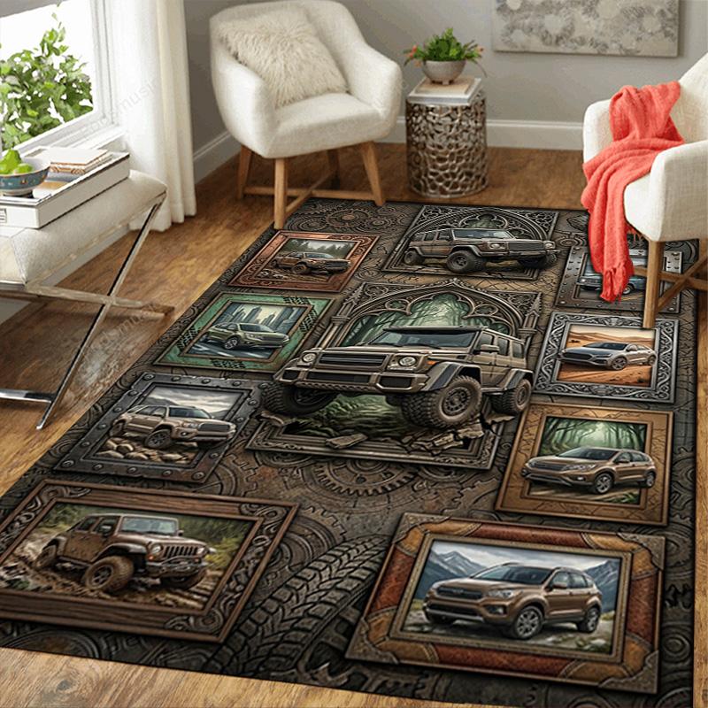Vintage Car Collage Pattern Rug Floor Mat for Living Room or Bedroom Soft and Comfortable Carpet a Gift for Birthday and Holiday.