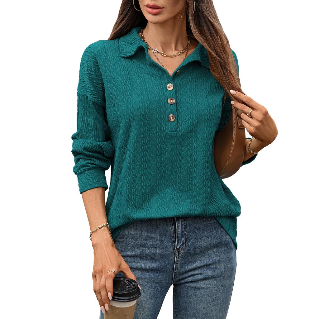 A New Solid-color Lapel Button Loose Long-sleeved Sweatshirt for Women In Autumn and Winter