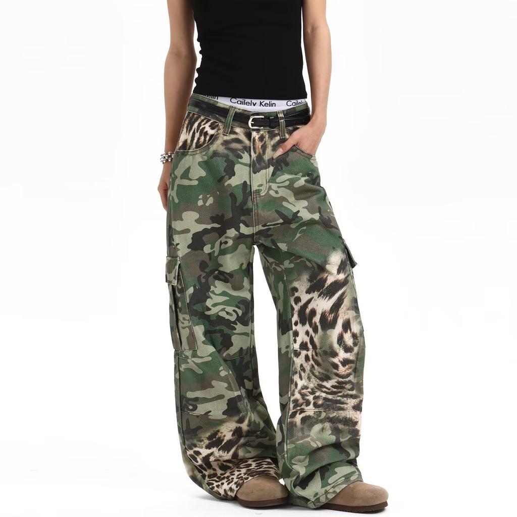 American retro ripped patch embroidery camouflage jeans men's loose wide-leg tooling casual pants high street ruffian handsome