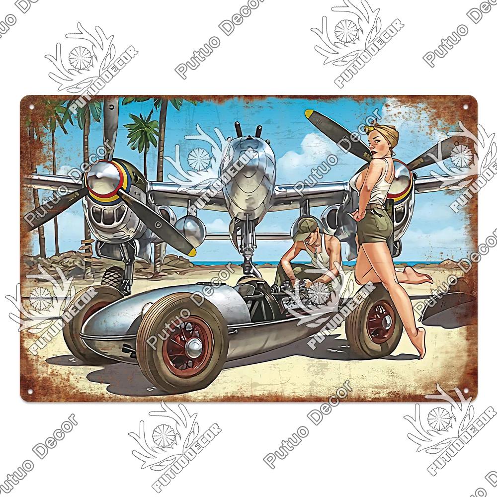 Putuo Decor Fighter Plane Vintage Tin Sign Plaque Metal Plate Retro Posters Wall Art Decoration for Garage Man Cave Pub Bar Club