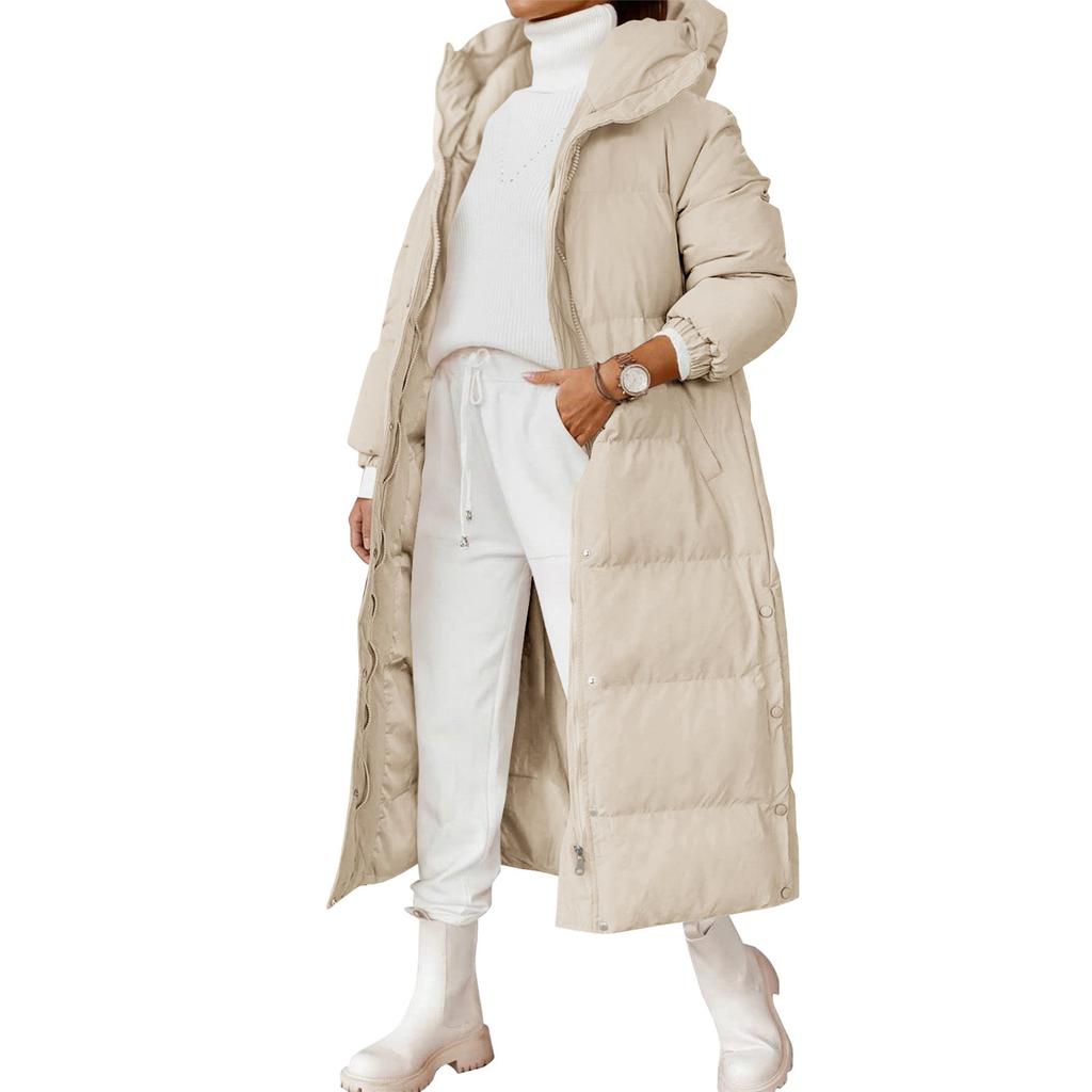Women's Solid Color Hooded Long -style Temperament Cotton Coat Fashion Zipper Long -sleeved Pocket Jacket