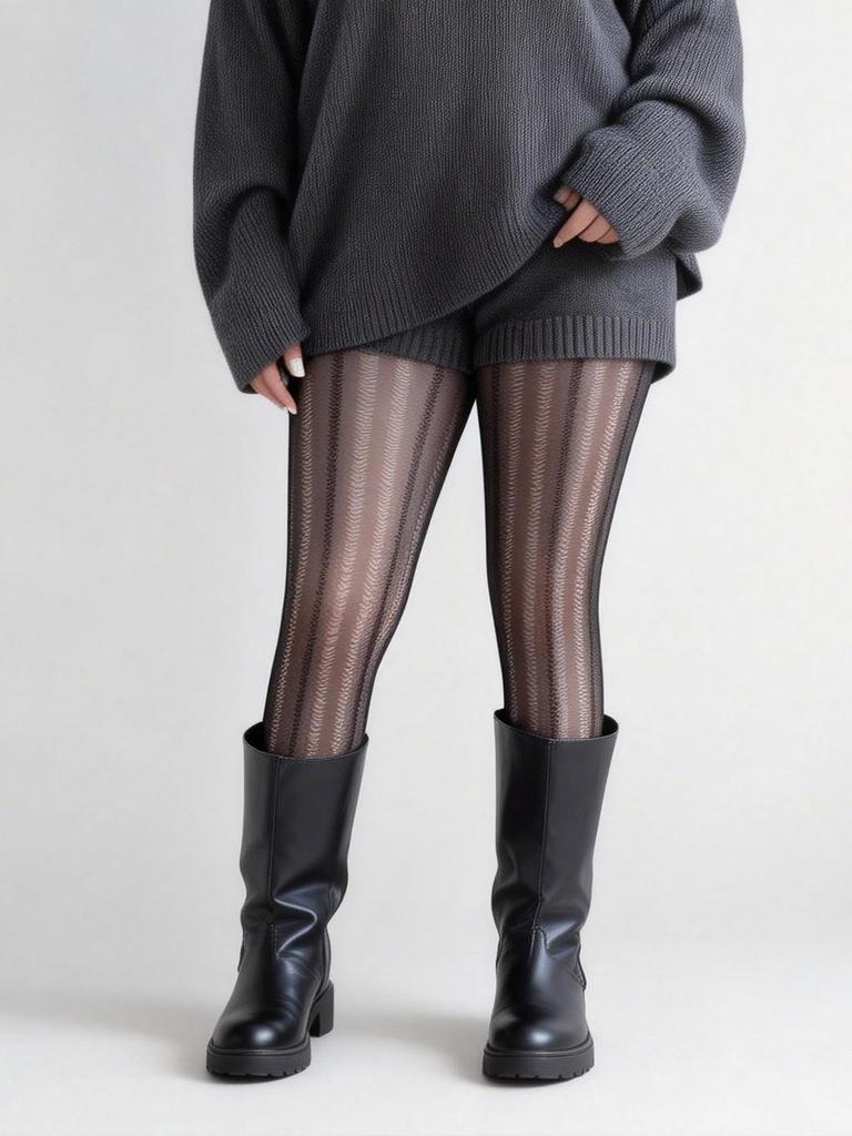 1 Pc Women'S Black Sheer Wave Pattern Pantyhose, Side Strip Slimming High-Stretch Hosiery, Ideal For Autumn Winter Daily Commute
