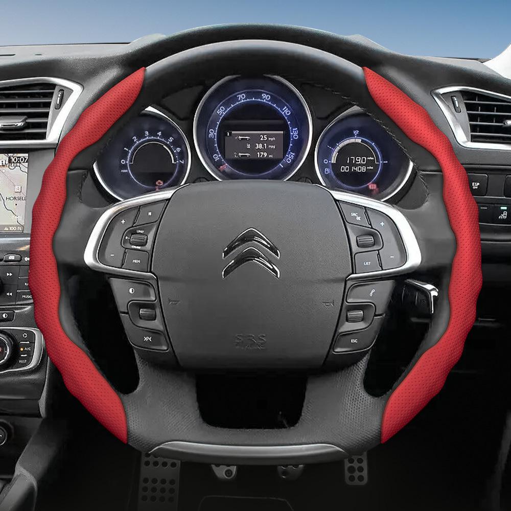 Suitable for Citroen Steering Wheel Cover, Wave-Shaped Sporty Design, Breathable Leather, Segmented Anti-Slip Sweat-Absorbing Steering Wheel