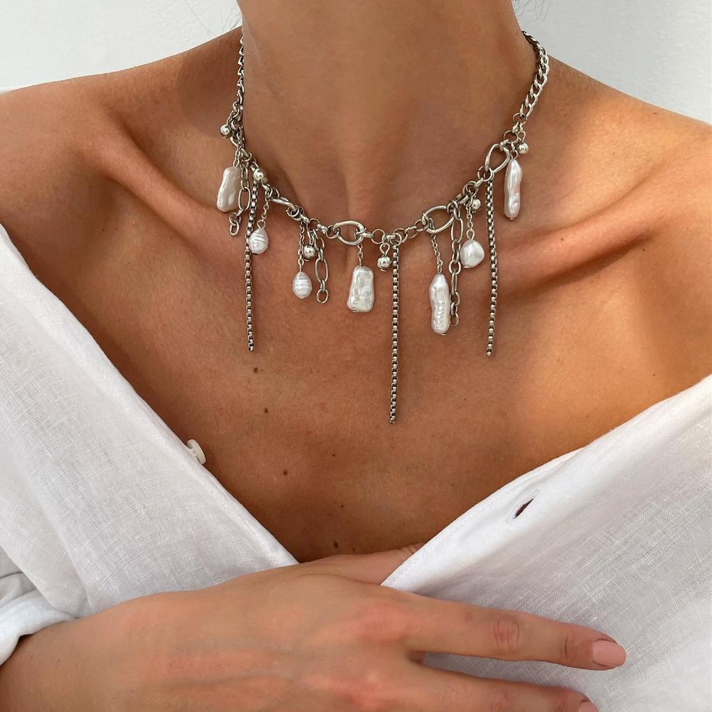 Irregular Pearl Pendant Silver Color Tassel Chain Thick Chunky Necklace For Women Charm Personalized Neck Jewelry Accessories
