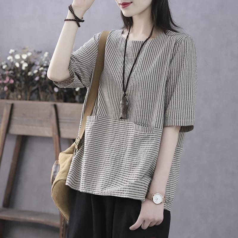 Retro Mid-sleeved Bottoming Shirt Women's Summer Thin Blouse Western Style Small Shirt Pullover Loose Striped Five-point Sleeve Half-sleeved T-shirt