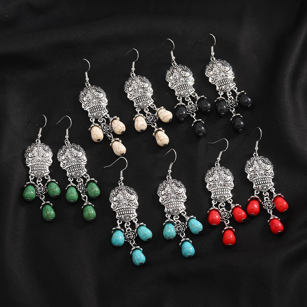 Halloween Skull Hollow Earrings Retro Exaggerated Punk Turquoise Pendant Earrings