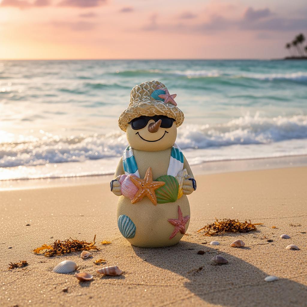 Christmas Beach Snowman Decor 18cm Ocean Theme Resin Ornament with Seashells for Holiday Tabletop Gift Display